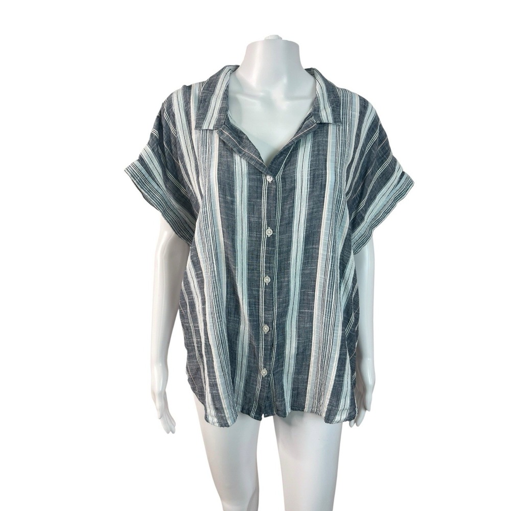 Lucky Brand Women's Top Shirt Gray Cap Sleeve Button Front Camp Coastal Size XL
